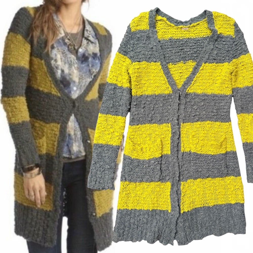 Free People Cardigan Striped Popcorn Knit Grey Yellow S/M